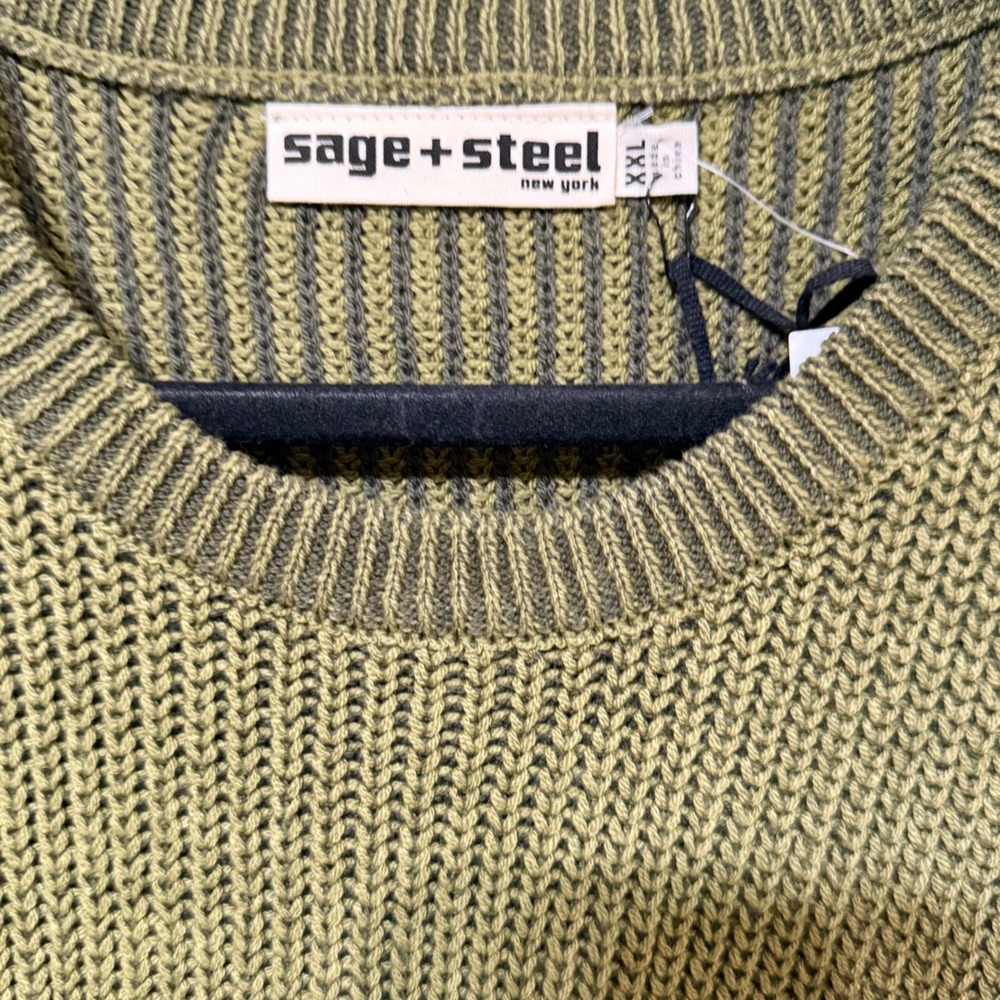 Sage + Steel Mens XXL Shaker Knit Sweater Olive Green Striped Sleeve Crewneck - Picture 5 of 7
